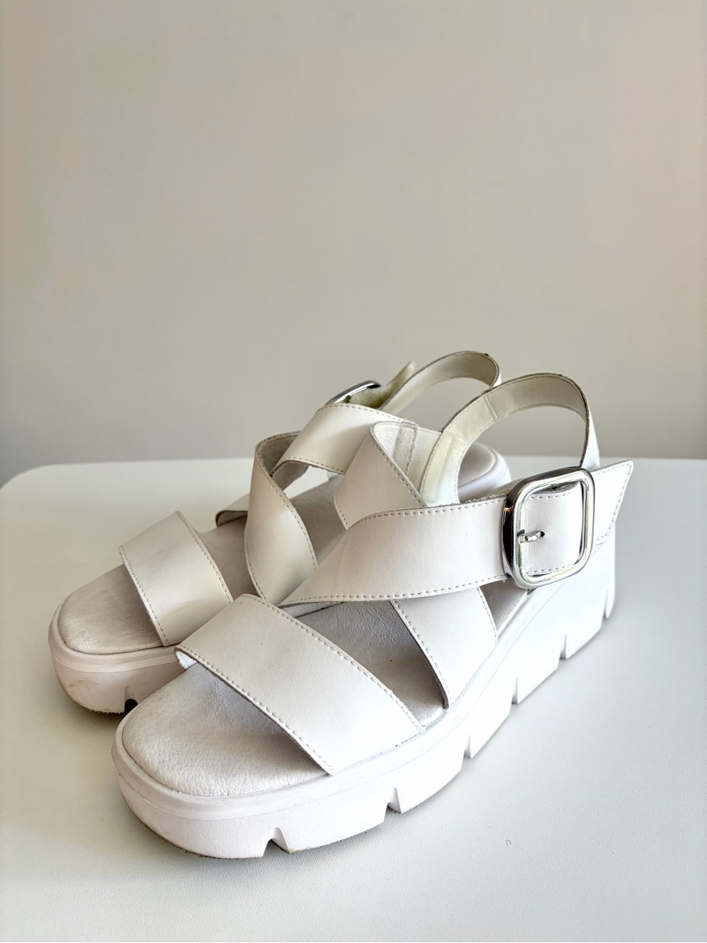 Rieker Revolution White Leather Crisscross Platform Sandals 40
